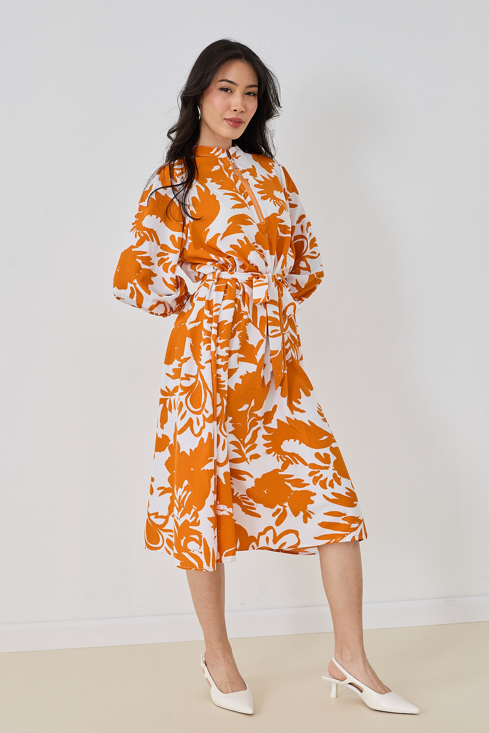 Puff Sleeve Zipper Dress