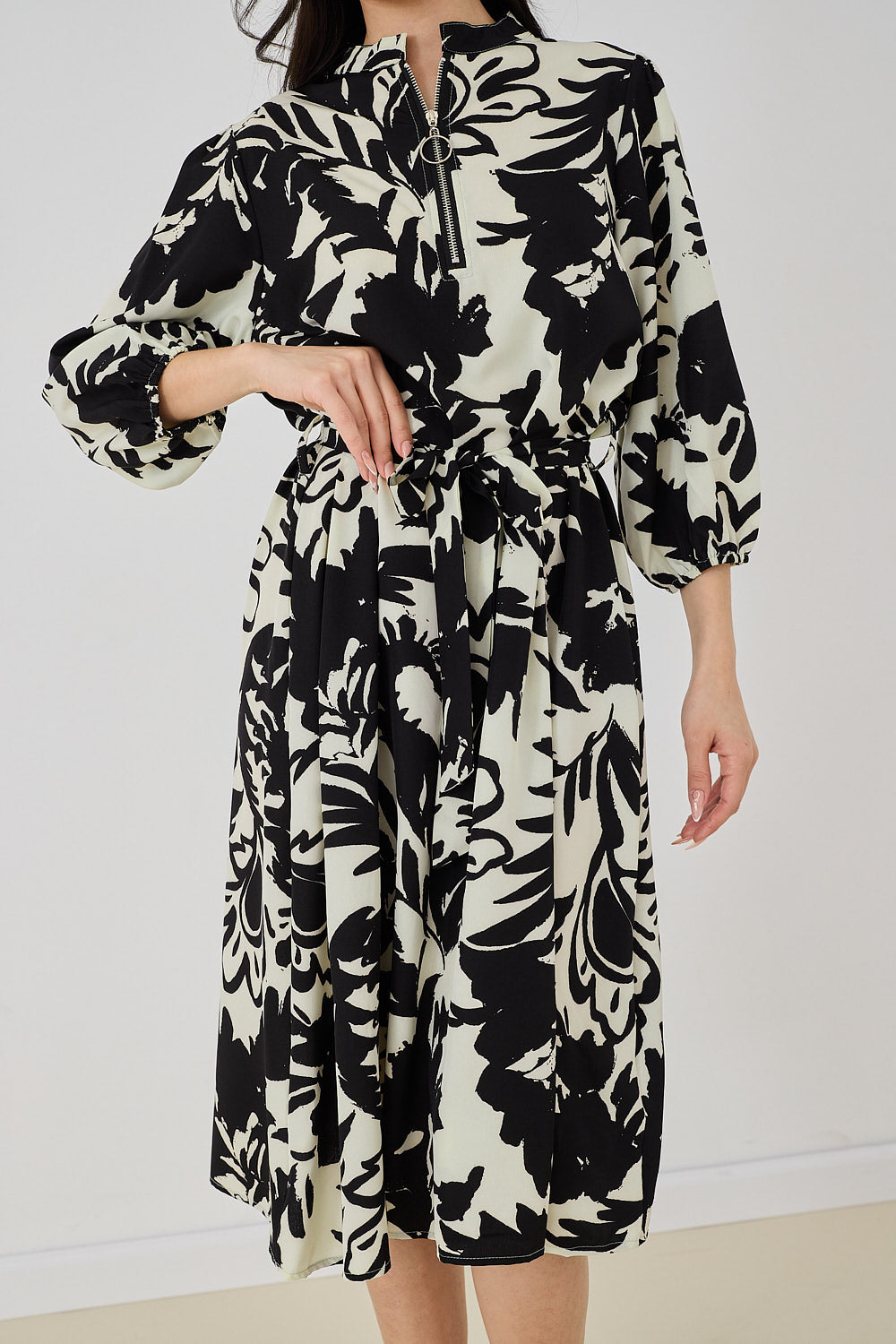Puff Sleeve Zipper Dress