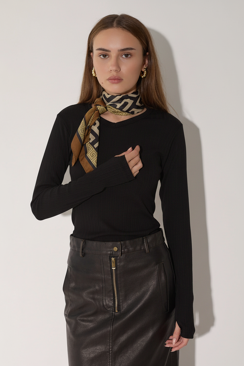 חולצה שחורה - מבט קדמי עם צעיף