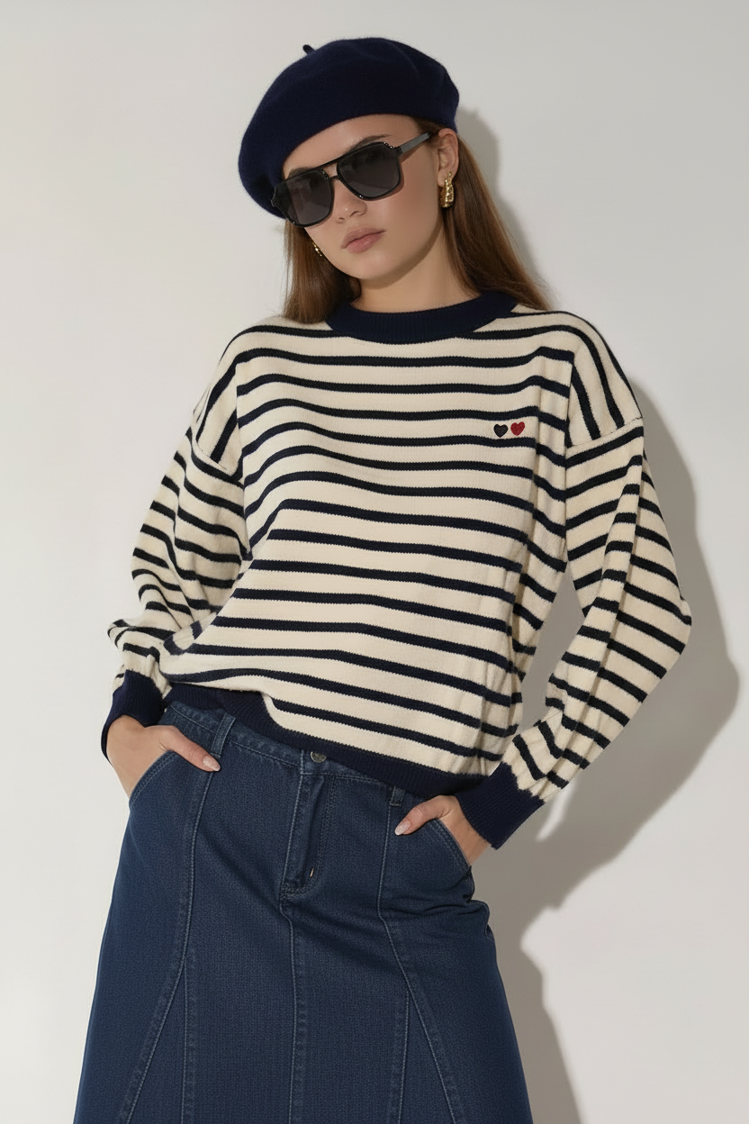 סריג פסים עם כובע נייבי וחצאית כחולה