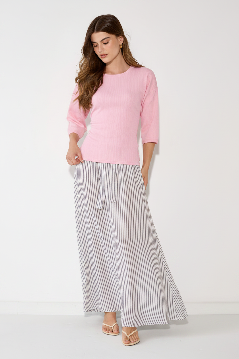 Full body - baby pink top navy striped skirt