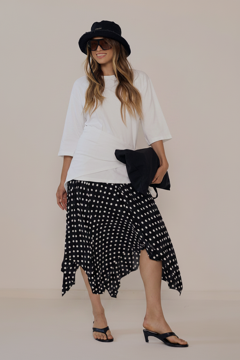 Full body - black skirt white dots